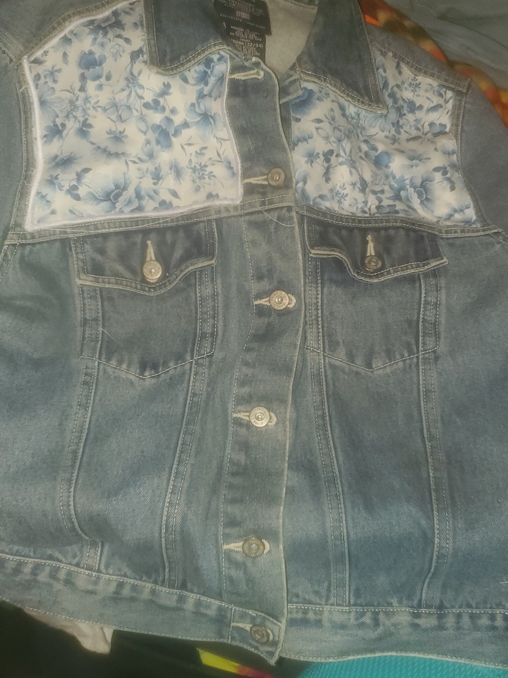 Upcycled Boho Denim Jacket with Blue Floral Yoke - Women's Jeans